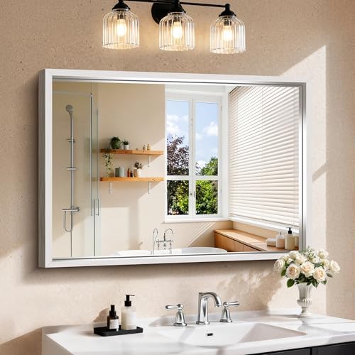 CIRCUMI 30"x42" Brushed Silver Bathroom Mirror, Rectangular Vanity Mirror