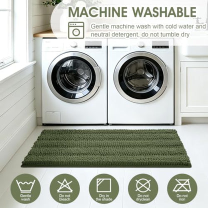 ACCUMTEK Christmas Striped Olive Green Toilet Bathroom Rug Mat Set 2 piece Rug Ultra Soft, Non Slip Chenille Bath Rugs, Absorbent Plush Shaggy Bath Mats for Bathroom, Bedroom, Kitchen, Shower, Tub
