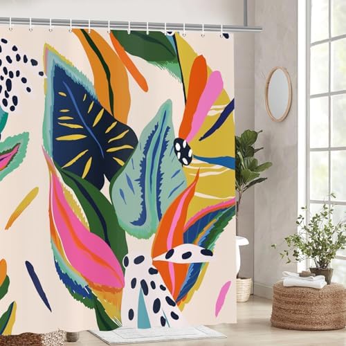 deFouliao Boho Shower Curtain, Colorful Floral Waterproof Shower Curtain for Bathroom with Modern Abstract Art Jungle Plant Leaf Bathroom Bathtub Home Curtain Decor, Washable with Hooks, 48Wx72L