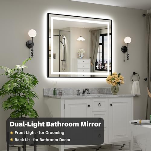 48x40 Inch LED Bathroom Mirror with Black Frame, Backlit & Front Lit