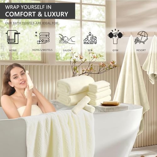 8 Piece Bath Towel Set |2 Oversized Large Bath Sheet,2 Hand Towels,4 Washcloths| Ultra Soft Cozy Bath Towel Set for Bathroom Hotel Gym Spa,Highly Absorbent Quick Dry Bathroom Towel Collections,Cream