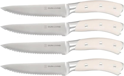 DURA LIVING 8-Piece Serrated Kitchen Steak Knife Set – Forged High Carbon Stainless Steel, Ultra Sharp, Ergonomic Black Handles, Durable Dinner Knives, Cream Handle