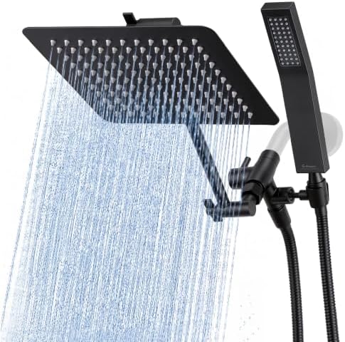 G-Promise All Metal 10" Dual Square Shower Head Combo | Rain Shower Head | Handheld Shower Wand | Adjustable | 3-Way Diverter | 71" Extra Long Hose - A Bathroom Upgrade (Matte Black)