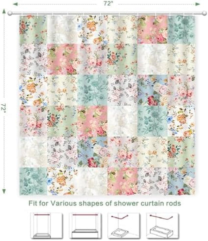 Boho Shower Curtain Patchwork Floral, Vintage Flowers Shower Curtain for Bathroom, Retro Shabby Chic Cottagecore Floral Shower Curtains Polyester Waterproof Farmhouse Decor Bath Curtains