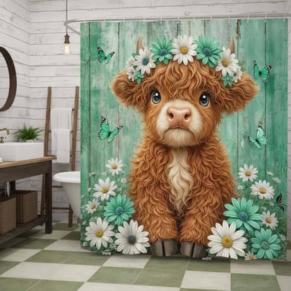 Cute Cow Shower Curtain, Farmhouse Rustic Green Floral Daisy Highland Cow Shower Curtains for Bathroom, Calf Country Farm Animal Garden Plant Fabric Bathroom Decor with Hooks, 70x84 inch