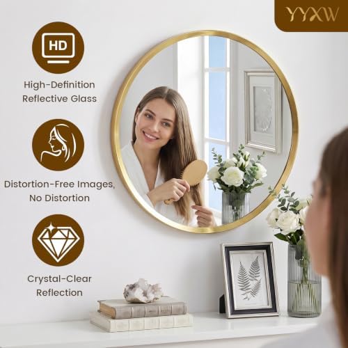 36 inch Brushed Gold Round Bathroom Mirror,Large Circle Mirror