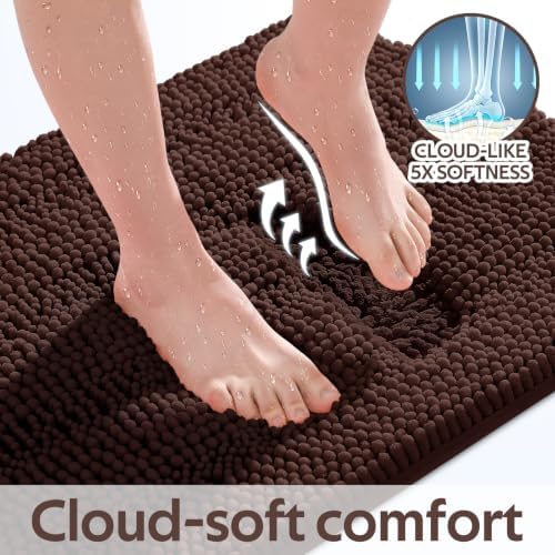 ACCUMTEK Striped Brown Bathroom Rug Set 3 Pieces Ultra Soft, Non Slip Chenille Toilet Mat, Absorbent Plush Shaggy Bath Mats for Bathroom, Bedroom, Kitchen