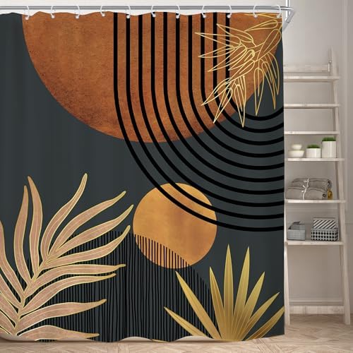 Mid Century Brown Black Boho Abstract Modern Bathroom Shower Curtain Set