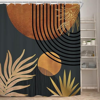 Mid Century Brown Black Boho Abstract Modern Bathroom Shower Curtain Set