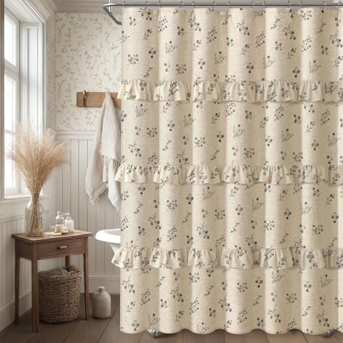 Black Floral Farmhouse French Country Ruffle Linen Shower Curtain 72Wx72H