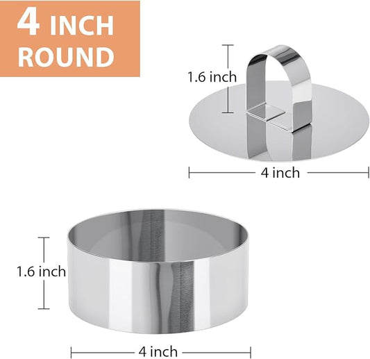 HULISEN Round Cake Ring Mold, Stainless Steel 4" Cooking Crumpet Rings with 1 Pusher & 4 Food Form, Tuna Tartare Mold for Pancake, Salad, Mousse