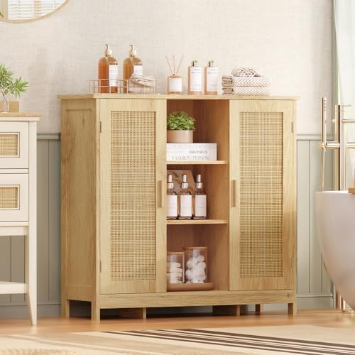 Iwell Rattan Storage Cabinet with 4 Adjustable Shelves, Coffee Bar Cabinet, Sideboard Buffet for Kitchen, Living Room, Entryway, Natural