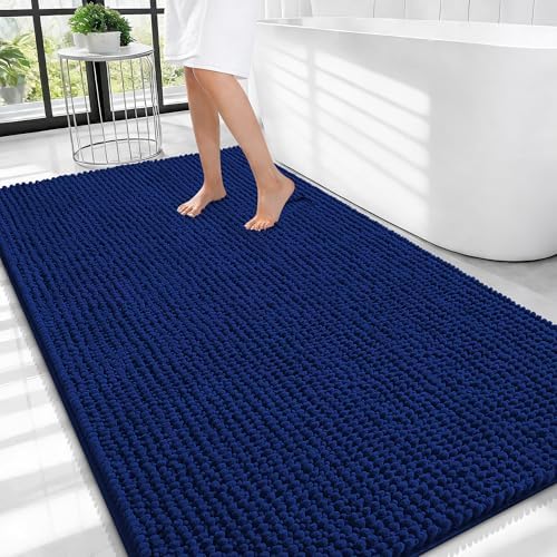 OLANLY Thick Chenille Large Bathroom Rugs 44x32, Absorbent Bath Mat, Navy