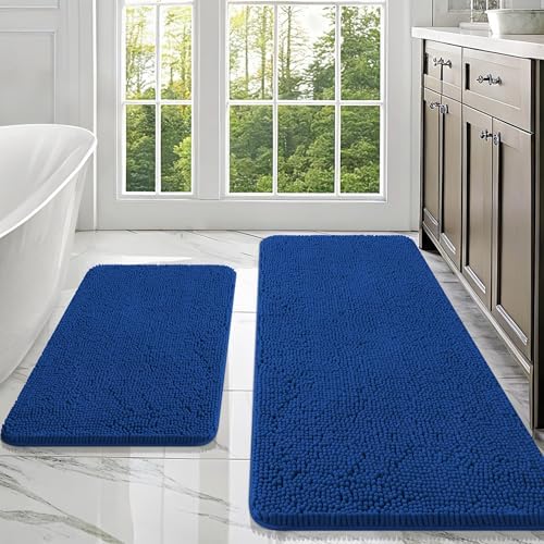 OLANLY Chenille Bathroom Rugs Mats Set 2 Piece, 47"x20"+30"x20", Royal Blue