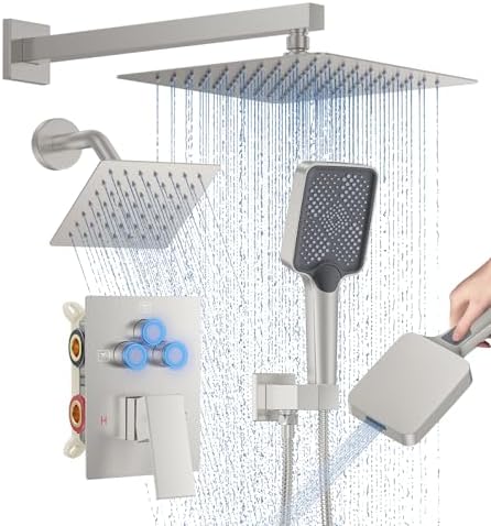 Woindo Shower Faucet Set, 10" Wall Mount Rainfall Shower System with 2 Rain Shower Head and Multi-function Handheld Head Push Button Diverter Shower Faucet Trim Kit