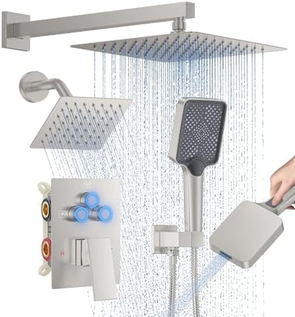 Woindo Shower Faucet Set, 10" Wall Mount Rainfall Shower System with 2 Rain Shower Head and Multi-function Handheld Head Push Button Diverter Shower Faucet Trim Kit