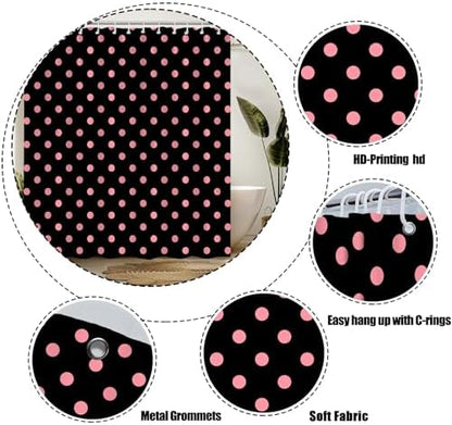 Polka Dot Shower Curtain Pink Spot Black Retro Vintage Fabric Decorative Bathroom Curtains with Hooks,67" Wx70 H
