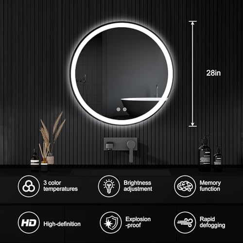 DUMOS 28 Inch Round LED Bathroom Mirror with Lights, Circle Vanity Mirror