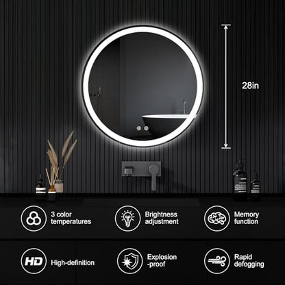 NEWBULIG 28'' Round LED Bathroom Mirror with Lights, Circle Vanity Mirror
