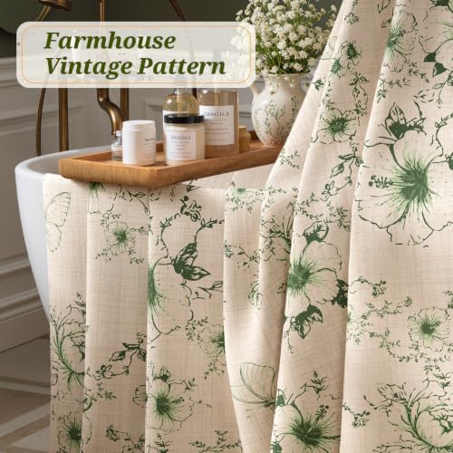 Vintage Green Floral Shower Curtain with 12 Clear Rings - 72" W x 84" L