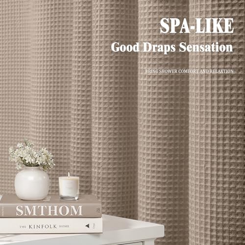 Waffle Weave Shower Curtain Heavyweight Cotton Fabric Beige 72Wx75L