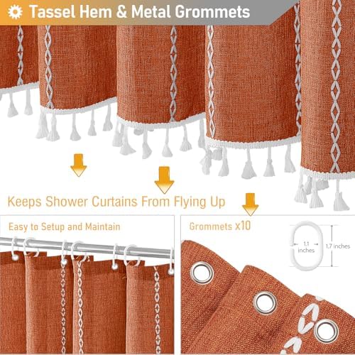 BTTN 54x78 Boho Farmhouse Linen Heavy Duty Shower Curtain Set, Burnt Orange