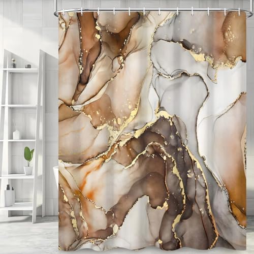 Brown Marble Shower Curtain, Modern Abstract Luxury Brown Gold Ink Texture Watercolor Art Bathroom Curtains Ombre Machine Washable Waterproof Fabric Bathtub Curtain Set with Hooks 36" Wx72 L