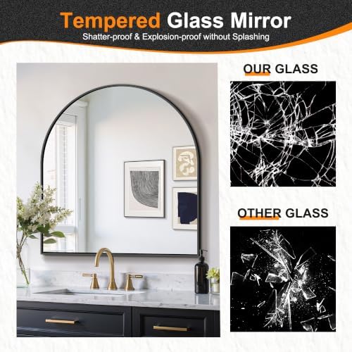 Delma Arched Bathroom Mirror, Black, 32"x30"