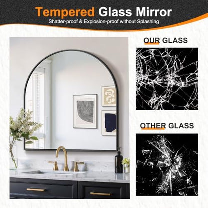 Delma Arched Bathroom Mirror, Black, 32"x30"