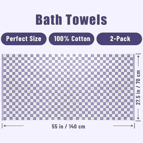 Checkered bath towel with purple and white pattern, labeled as 2-pack, 100% cotton, and perfect size.