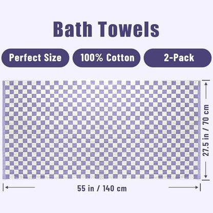 Checkered bath towel with purple and white pattern, labeled as 2-pack, 100% cotton, and perfect size.