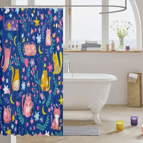 Feelyou Kids Funny Cats Shower Curtain Girls Cute Flower Cartoon Kitty Kitten Bathroom Waterproof Accessories with 12 Hooks 72x72 Inches Animal Theme Girly Kawaii Room Blue Decor