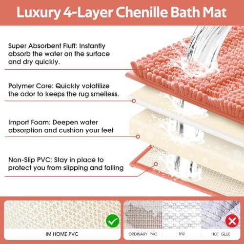 ACCUMTEK Striped Coral Bathroom Rug Mat Set 2 piece 32"x20"+24"x17" Ultra Soft, Non Slip Chenille Bath Rugs, Absorbent Plush Shaggy Bath Mats for Bathroom, Bedroom, Kitchen, Shower, Tub