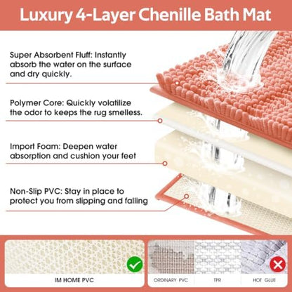ACCUMTEK Striped Coral Bathroom Rug Set 3 Pieces Ultra Soft, Non Slip Chenille Toilet Mat, Absorbent Plush Shaggy Bath Mats for Bathroom, Bedroom, Kitchen