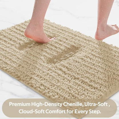 ACCUMTEK Upgrade Extra Large Beige Bathroom Rug Set 3 Pieces Ultra Soft, Thick Absorbent Bath Mats, Non Slip Chenille Toilet Mat for Bathroom, Bedroom, Kitchen
