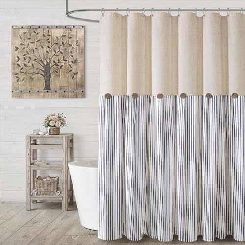 Farmhouse Shower Curtain Linen Button Blue Stripe 72" W x 72" L