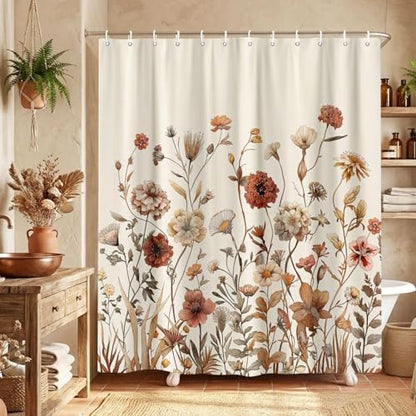 Vintage Boho Beige Floral Shower Curtain, Brown Cream Tan Rustic Farmhouse Flower Shower Curtain Set, Cute Botanical Wlidflowers Fabric Shower Curtains Decoration, 72X84 Aesthetic Bathroom Accessories