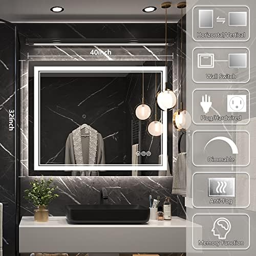 Ratsamee 40"x32" LED Bathroom Mirror with Lights, Backlit + Front Lit