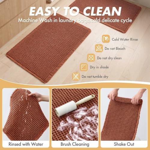 MIULEE Fall Rust Set of 2 Waffle Bathroom Rugs Boho Mat 17"x24"+18"x30"