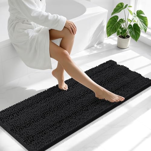 Smiry Thick Chenille Bathroom Runner Rugs 44x24, Absorbent Bath Mat, Black