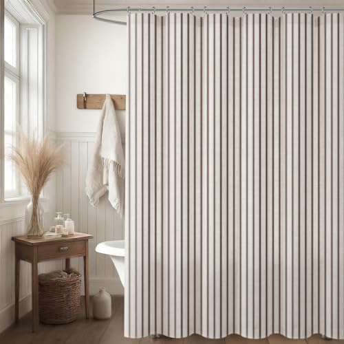 Farmhouse Striped Shower Curtain Brown Vintage Linen Curtain 72"W X 72"L