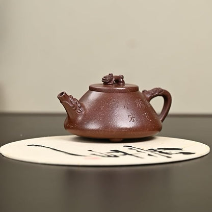 Handmade Zisha Teapot Set - Dragon Decorated Shi Piao Style, 300cc Teapot with 2x80cc Cups, Gift Box & Carry Bag, Purple Clay for Gongfu Tea