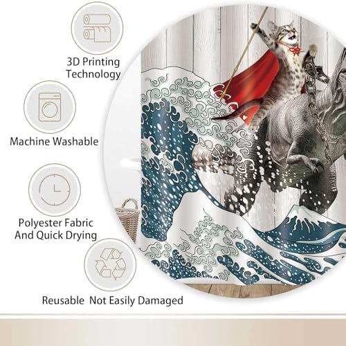 Funny Cat Shower Curtain, Cool Cat Dinosaur Japanese Ocean Wave Shower Curtain, Cat Riding Dinosaur Fun Shower Curtain Nautical Kids Children Rustic Wooden Farmhouse Shower Curtain, 47X64inch, Brown