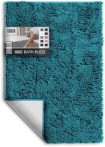 Hearth & Harbor Bathroom Rugs, Chenille Bath Mat - Machine Washable Bath Mats for Bathroom Non-Slip Backing Rubber, Quick Dry Bathroom Mat - Teal 24x36