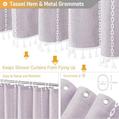 BTTN 54x78 Boho Farmhouse Linen Heavy Duty Shower Curtain Set, Lavender