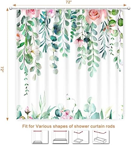 Watercolor Eucalyptus Shower Curtain, Spring Shower Curtain Green Leaves with Blooming Floral, Polyester Fabric Waterproof Shower Curtain Sets Machine Washable Decor Home Farmhouse Bath Curtain