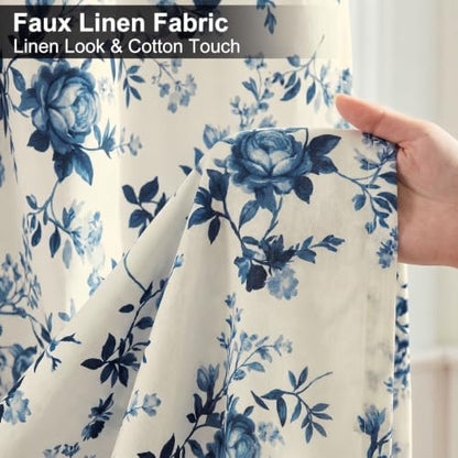 Farmhouse Blue Floral Shower Curtain, Waterproof Fabric Faux Linen Shower Curtain Set with 12 Rings, Vintage Cottagecore Boho Shower Curtains for Bathroom 72" W x 72" L （Beige + Blue