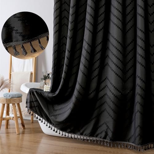 OWENIE Boho Shower Curtain, Black Fabric Cloth Shower Curtains Farmhouse Tufted Chevron Striped Textured with Tassel for Bathroom, Soft Hotel Style Modern Minimalist, Machine Washable, 72x72, Black