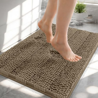 OLANLY Thick Small Bathroom Rugs 24x16, Soft Chenille Bath Rugs, Tan