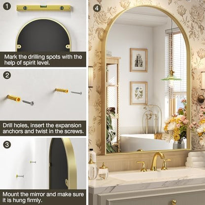 Brightify Arched Mirror, Arched Wall Mirror, 24 x 40 Inch Gold Arch Mirror, Metal Frame Gold Bathroom Mirror, Arched Top Bathroom Vanity Mirror for Living Room Bedroom Mantel Entryway Hallways